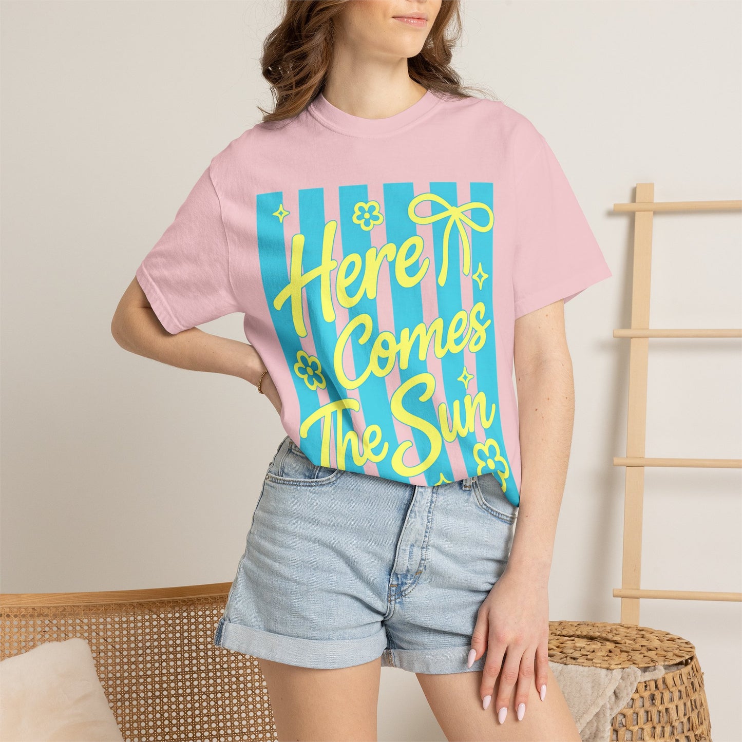Here Comes The Sun T-shirt | Retro Stripes Floral Summer Design