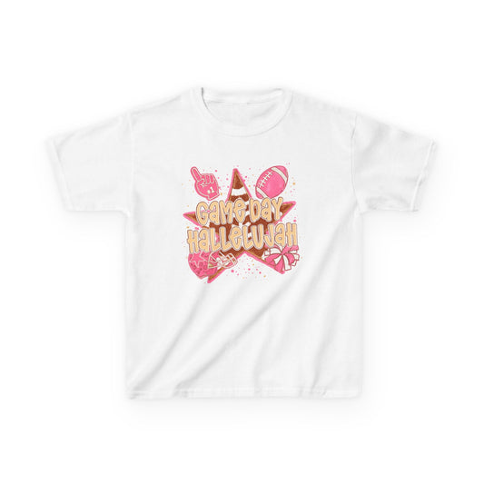 Kids Tee — "Game Day Hallelujah" Pink Football Cheer Shirt