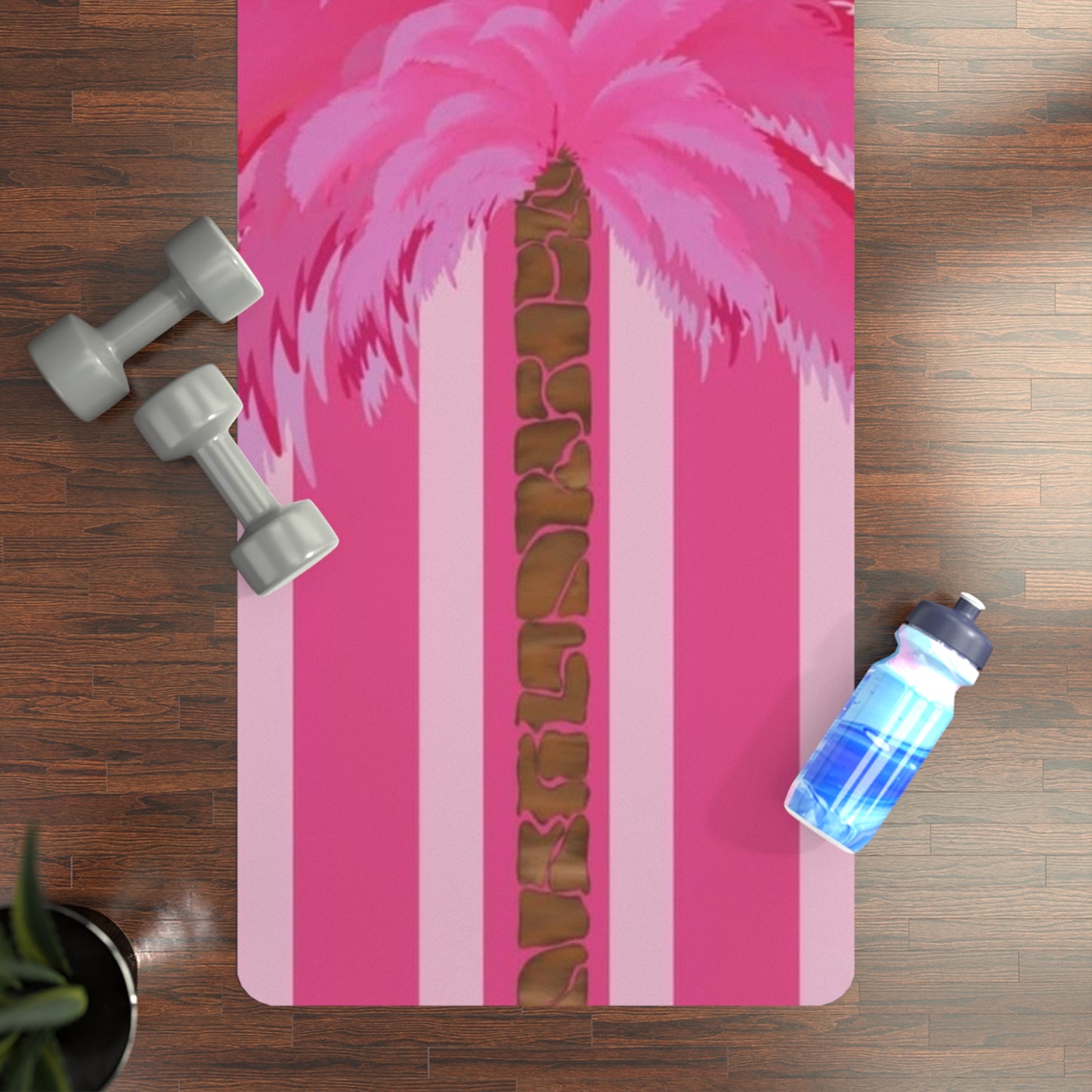 Pink Palm Stripe Yoga Mat — Non-Slip Rubber Mat with Tropical Palm Design