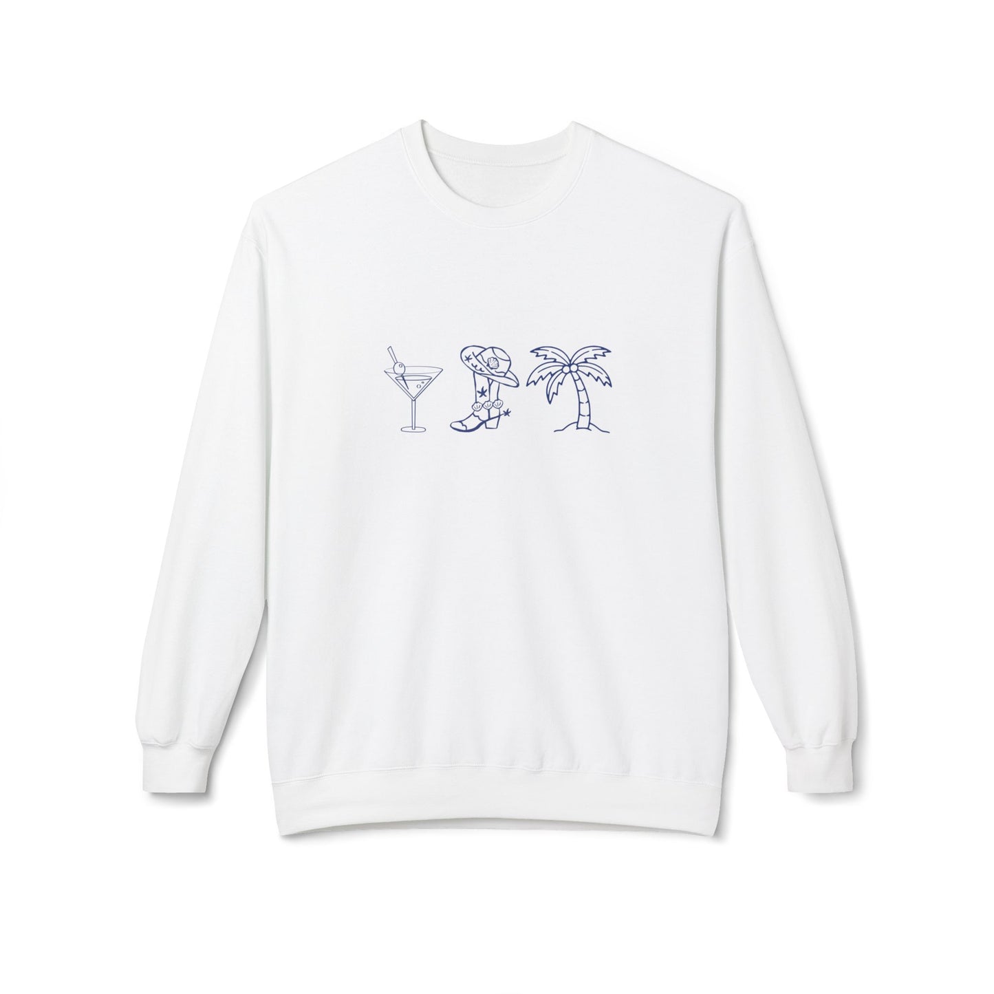 Crewneck Sweatshirt — Minimal Tropical Cocktail Line Art (Martini, Dog, Palm)