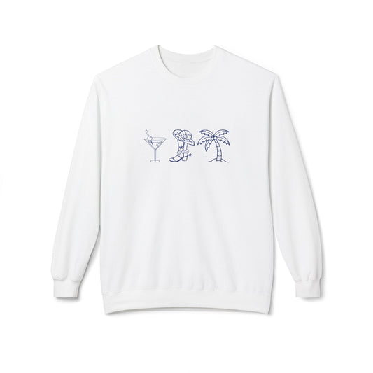 Crewneck Sweatshirt — Minimal Tropical Cocktail Line Art (Martini, Dog, Palm)