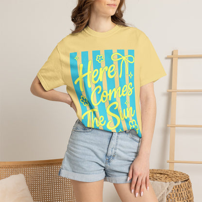 Here Comes The Sun T-shirt | Retro Stripes Floral Summer Design
