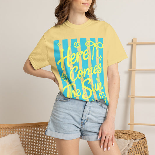 Here Comes The Sun T-shirt | Retro Stripes Floral Summer Design