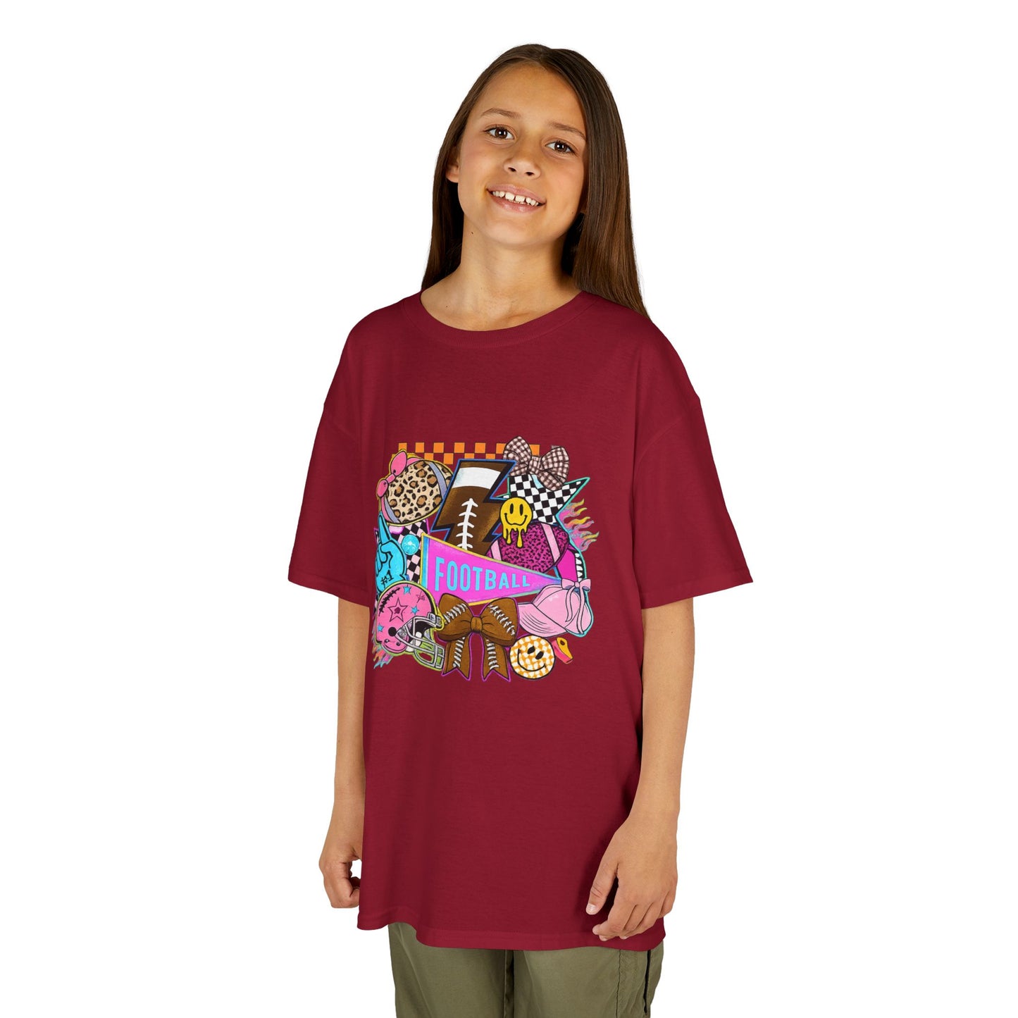 Kids Football Graphic Tee — Colorful Sticker-Style Sports Design