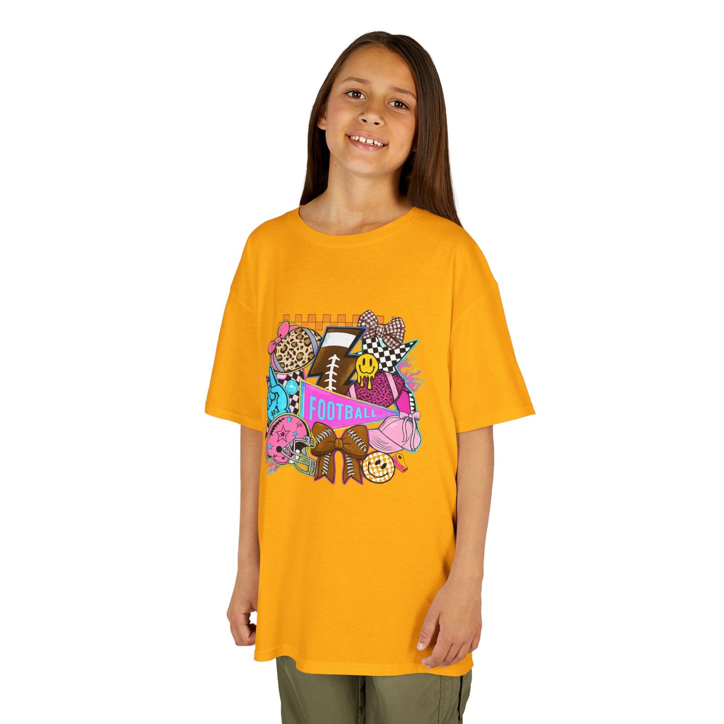 Kids Football Graphic Tee — Colorful Sticker-Style Sports Design