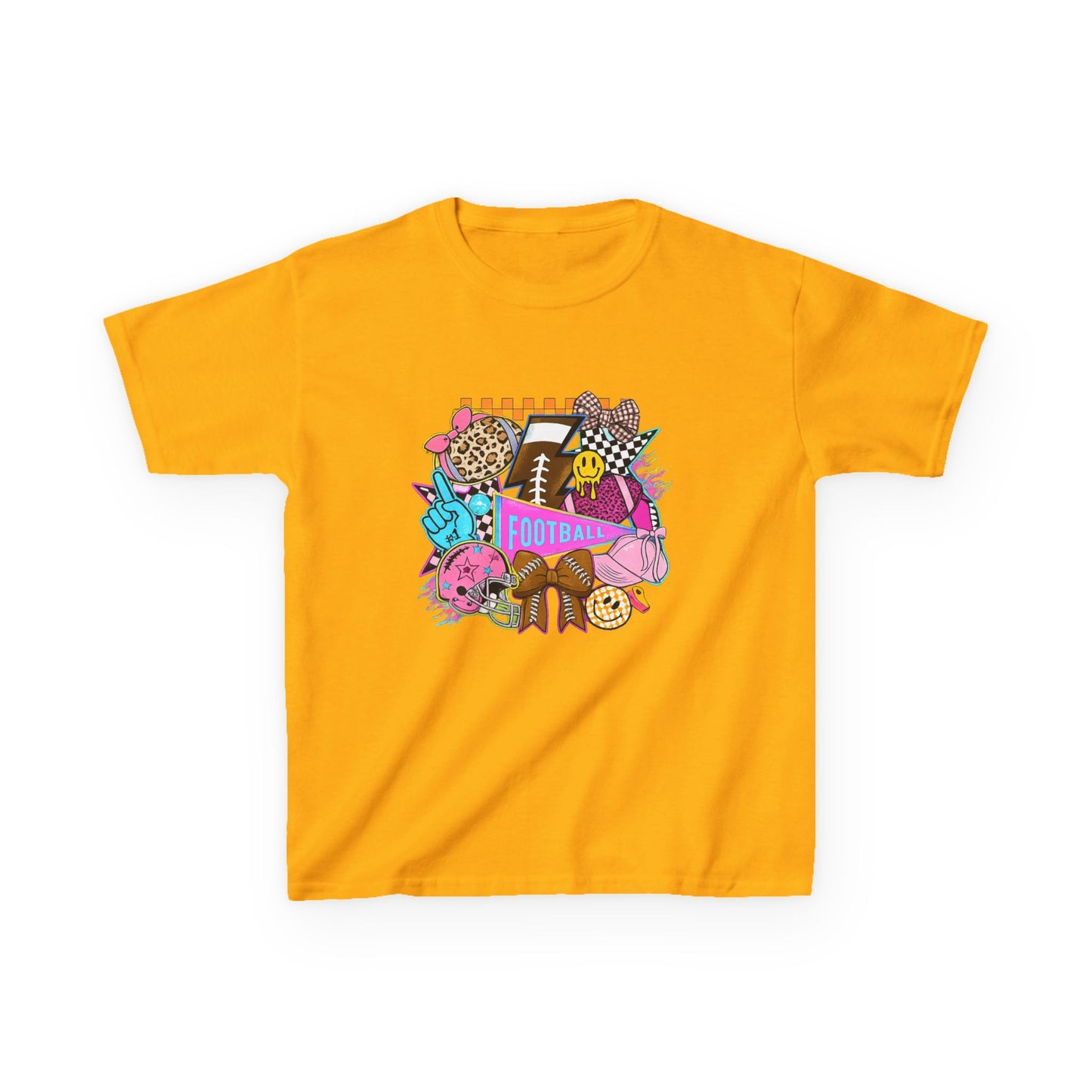 Kids Football Graphic Tee — Colorful Sticker-Style Sports Design