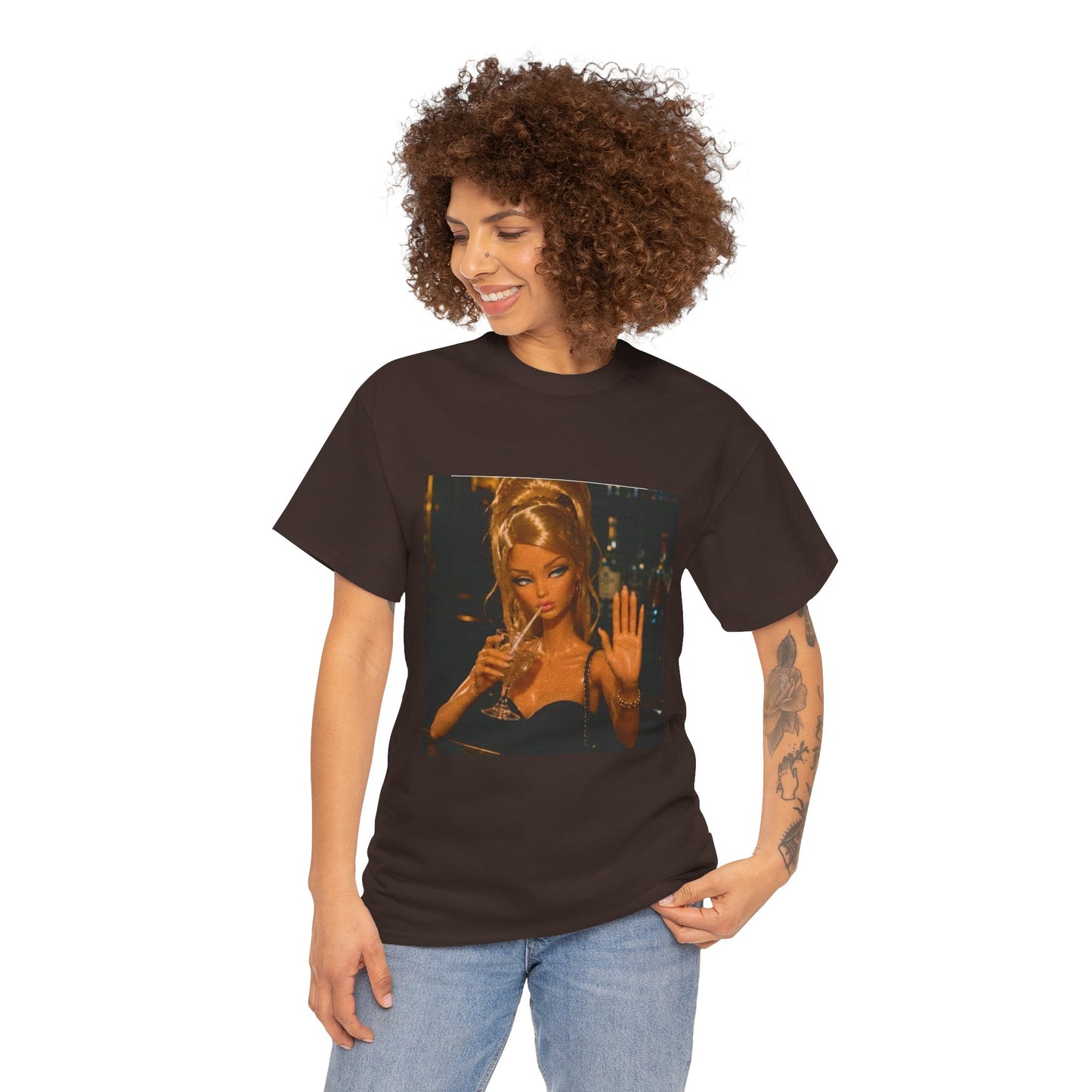 Doll Holding Drink Graphic Tee | Retro Bar Doll Illustration