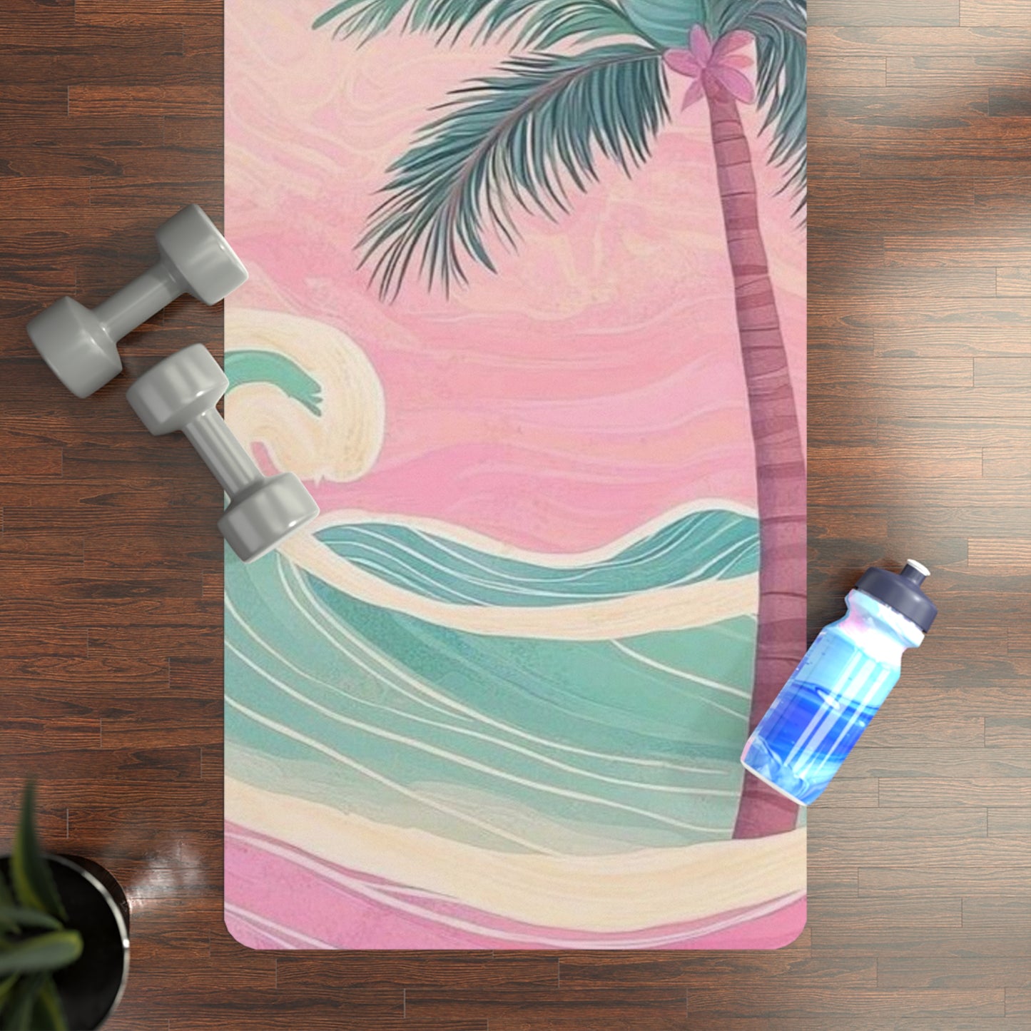 Tropical Sunset Rubber Yoga Mat — Palm Tree Beach Waves Non-Slip Mat