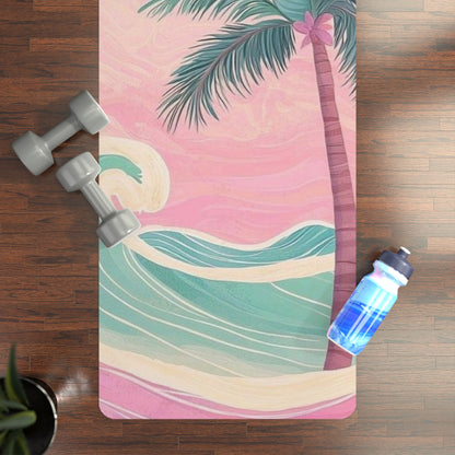 Tropical Sunset Rubber Yoga Mat — Palm Tree Beach Waves Non-Slip Mat