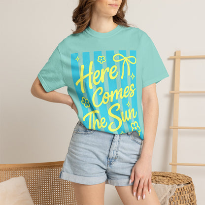 Here Comes The Sun T-shirt | Retro Stripes Floral Summer Design