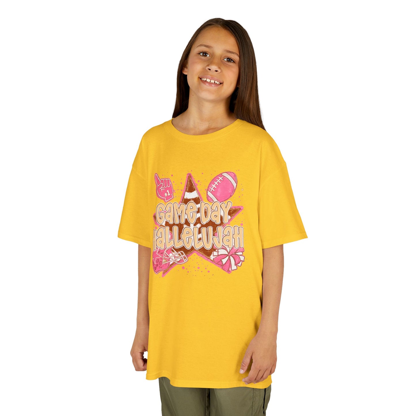 Kids Tee — "Game Day Hallelujah" Pink Football Cheer Shirt