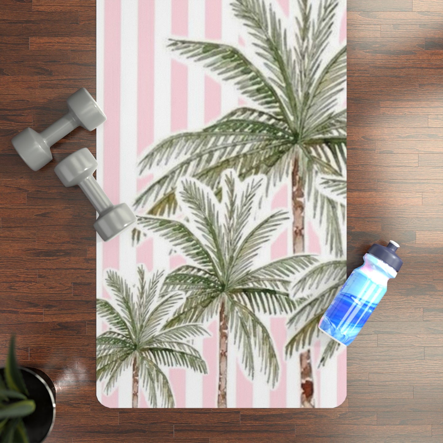 Palm Stripe Yoga Mat — Pink Tropical Rubber Mat for Pilates & Home Practice