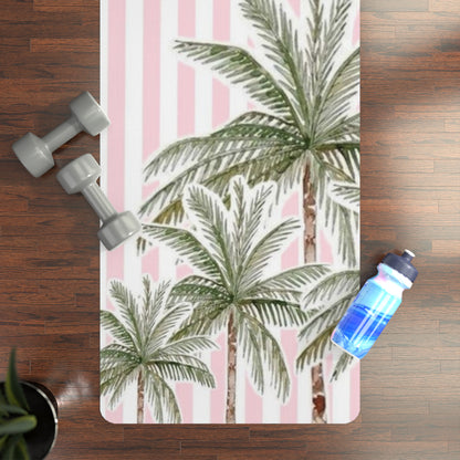 Palm Stripe Yoga Mat — Pink Tropical Rubber Mat for Pilates & Home Practice