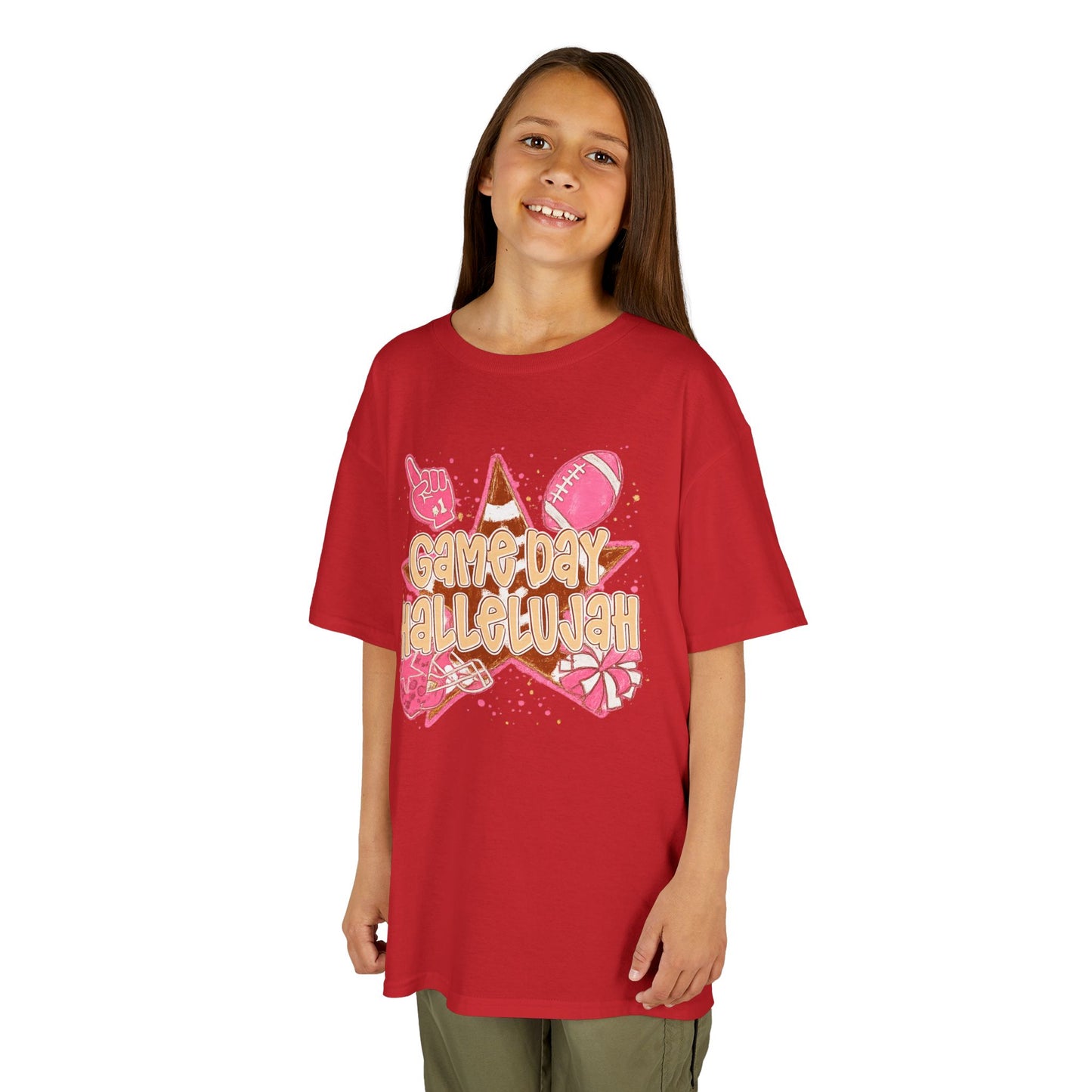 Kids Tee — "Game Day Hallelujah" Pink Football Cheer Shirt