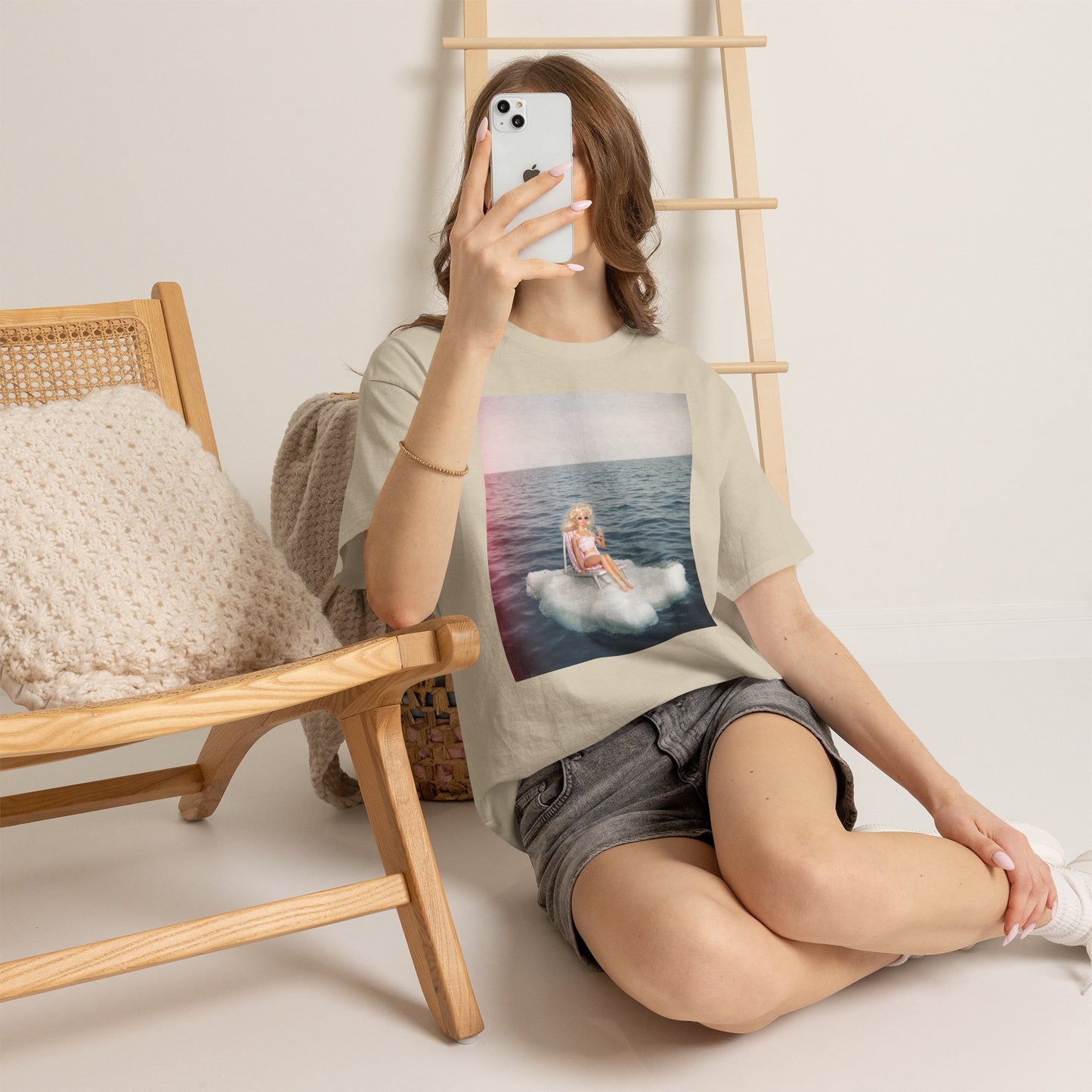 Blonde Doll on Cloud in Ocean T-Shirt | Surreal Vintage Photo Tee