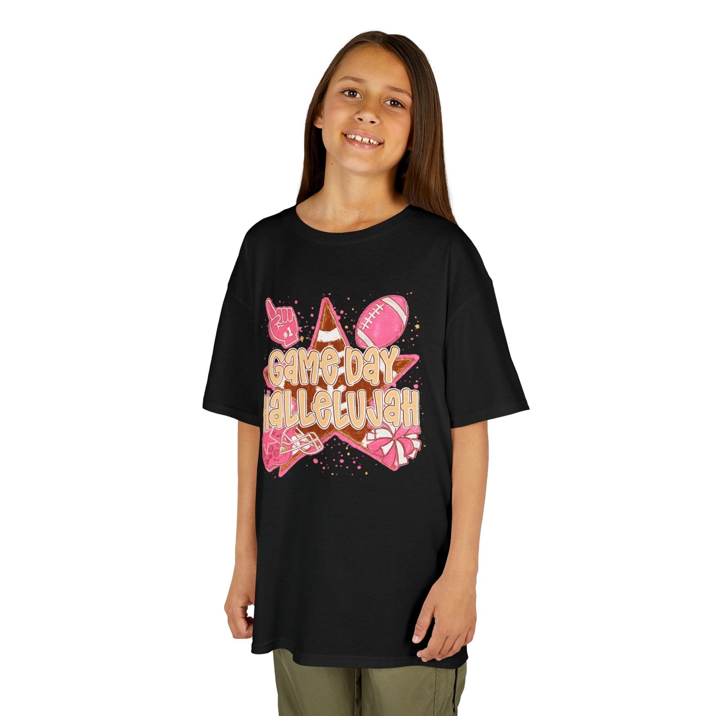 Kids Tee — "Game Day Hallelujah" Pink Football Cheer Shirt