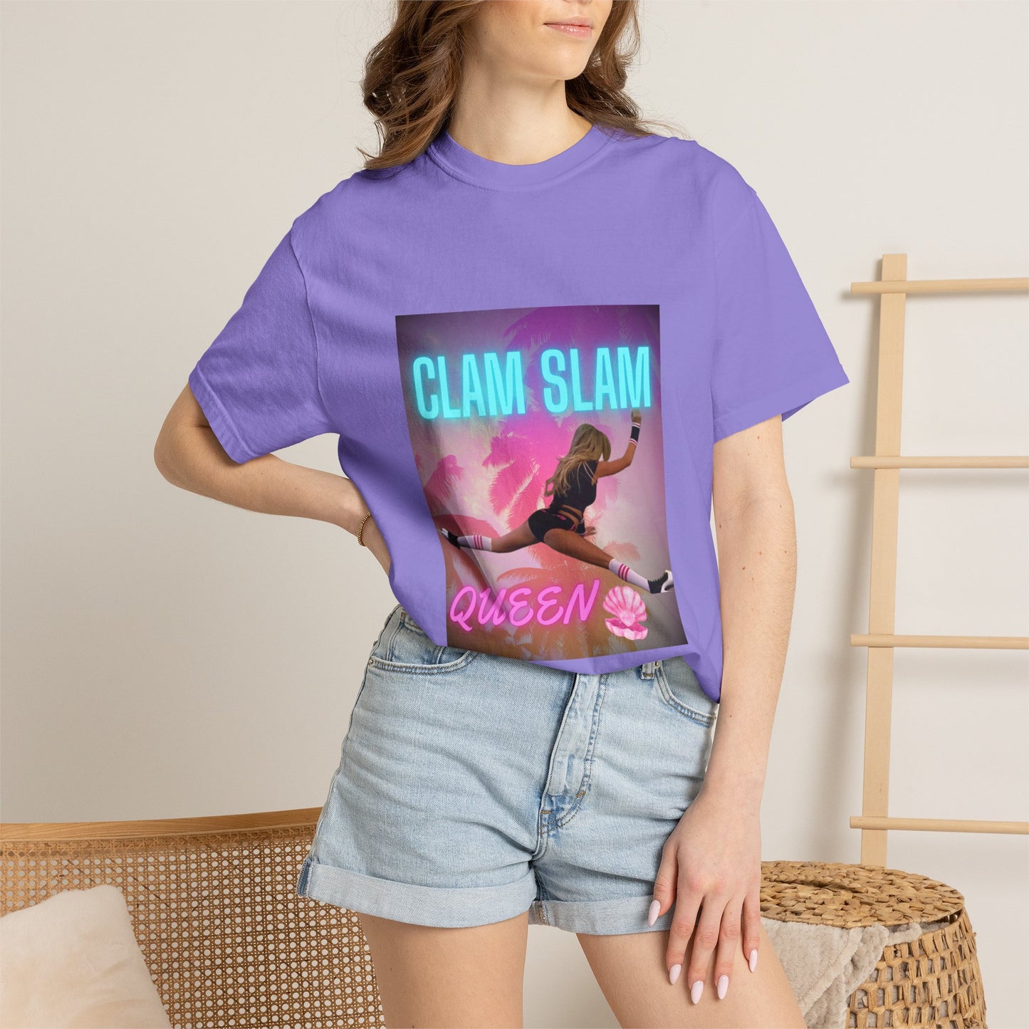 Clam Slam Queen T‑Shirt — Retro Neon Skategirl Graphic Tee