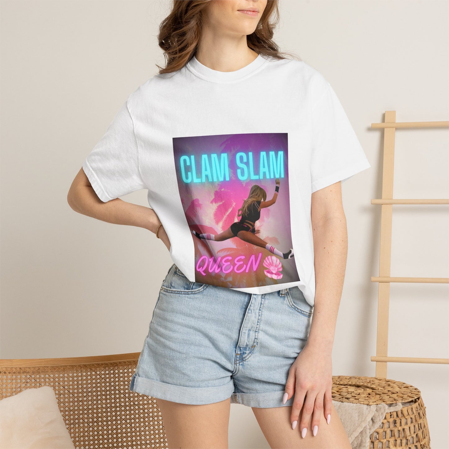 Clam Slam Queen T‑Shirt — Retro Neon Skategirl Graphic Tee