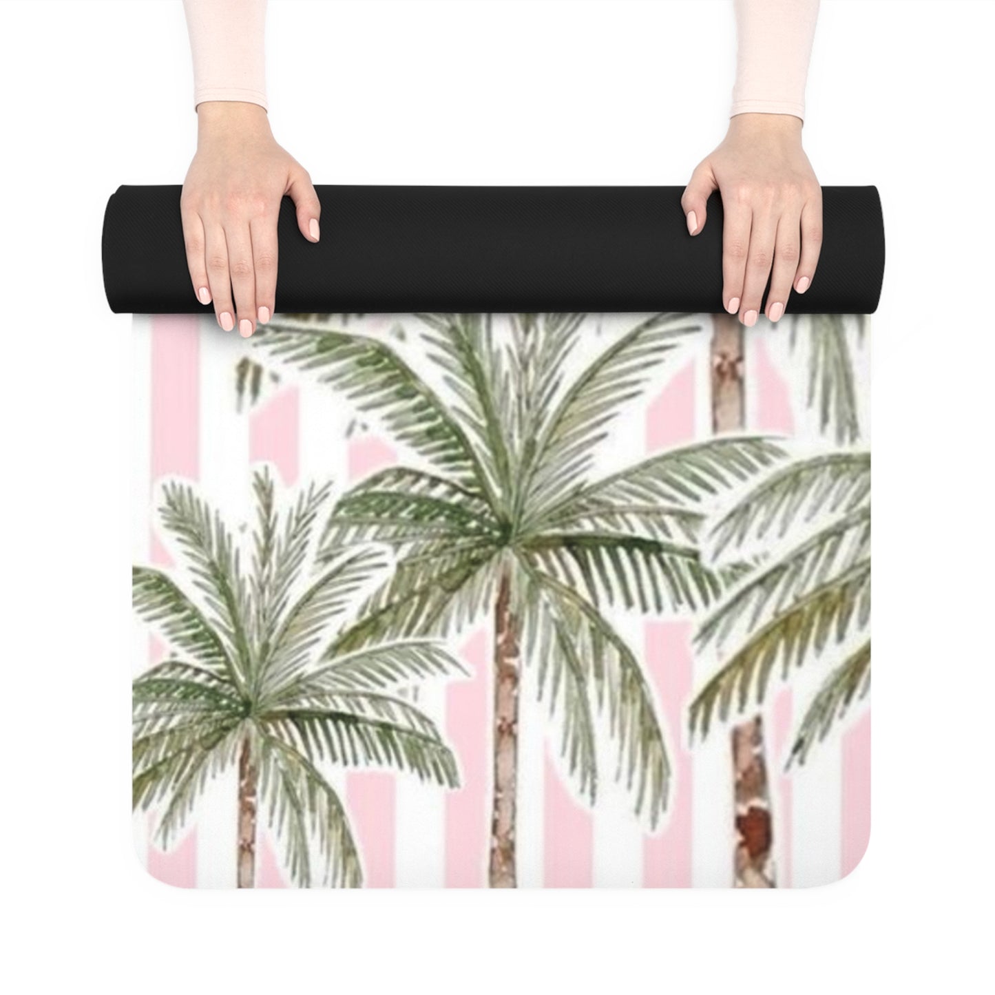 Palm Stripe Yoga Mat — Pink Tropical Rubber Mat for Pilates & Home Practice