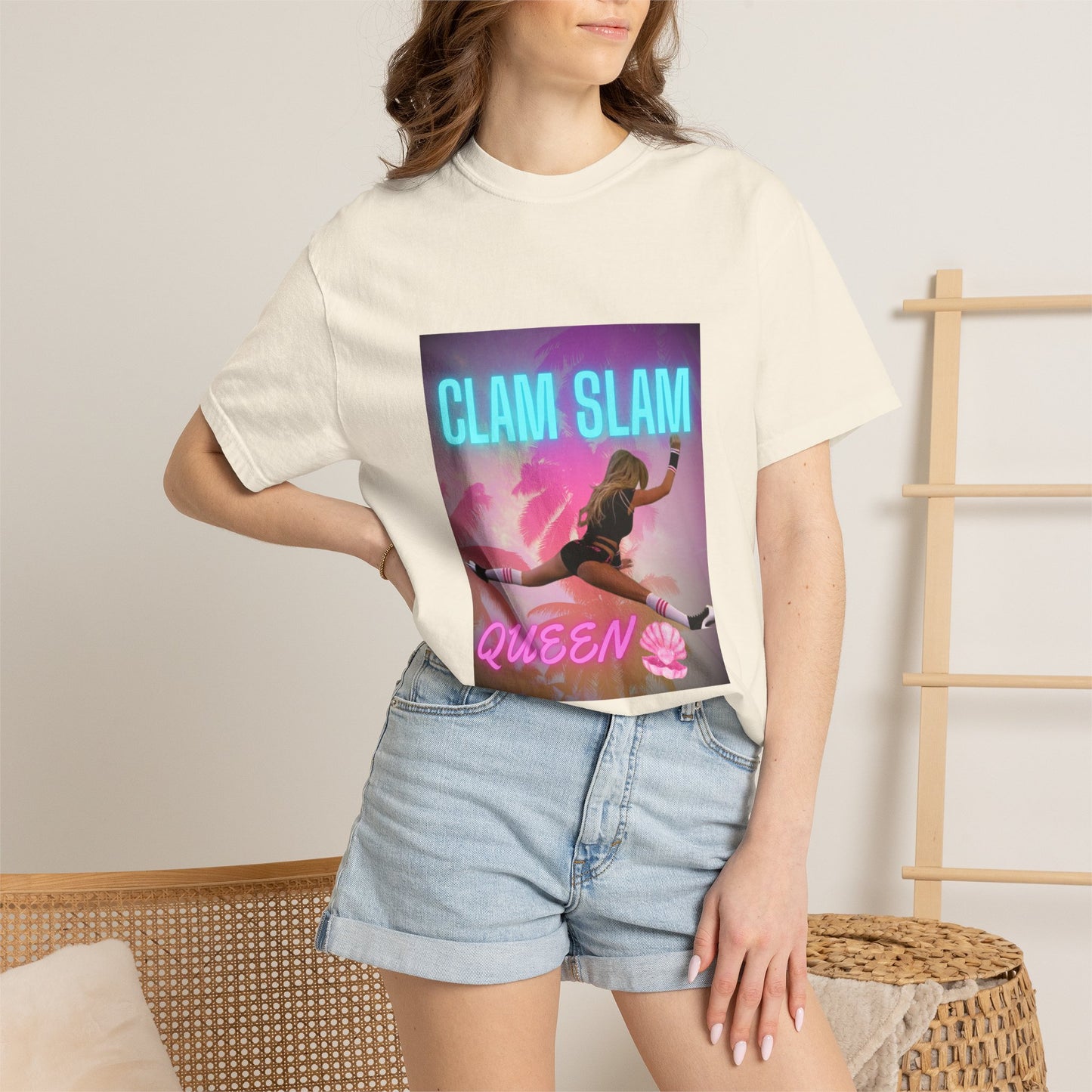 Clam Slam Queen T‑Shirt — Retro Neon Skategirl Graphic Tee