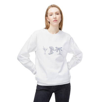 Crewneck Sweatshirt — Minimal Tropical Cocktail Line Art (Martini, Dog, Palm)