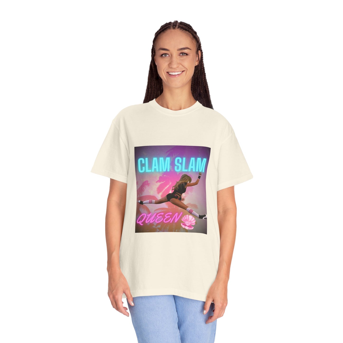 Clam Slam Queen T‑Shirt — Retro Neon Skategirl Graphic Tee