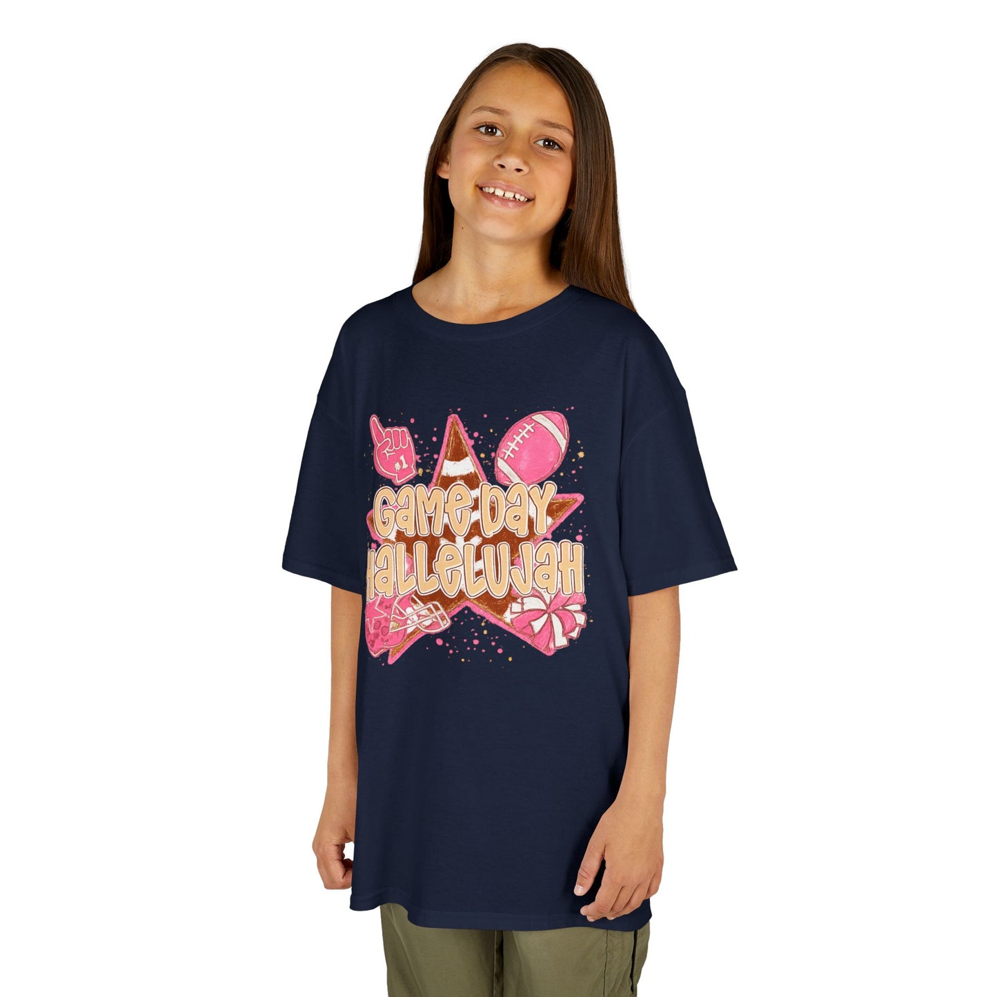 Kids Tee — "Game Day Hallelujah" Pink Football Cheer Shirt