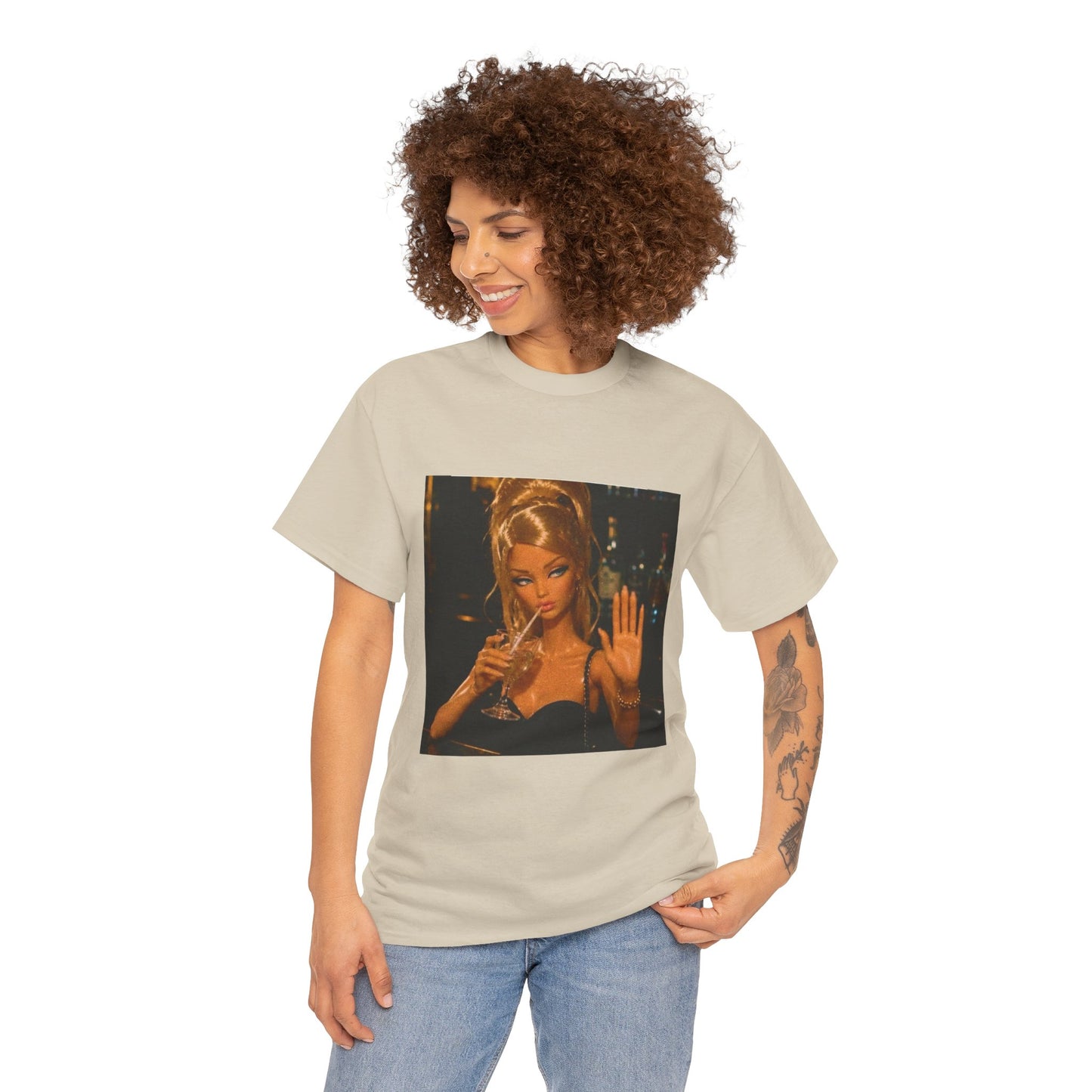 Doll Holding Drink Graphic Tee | Retro Bar Doll Illustration