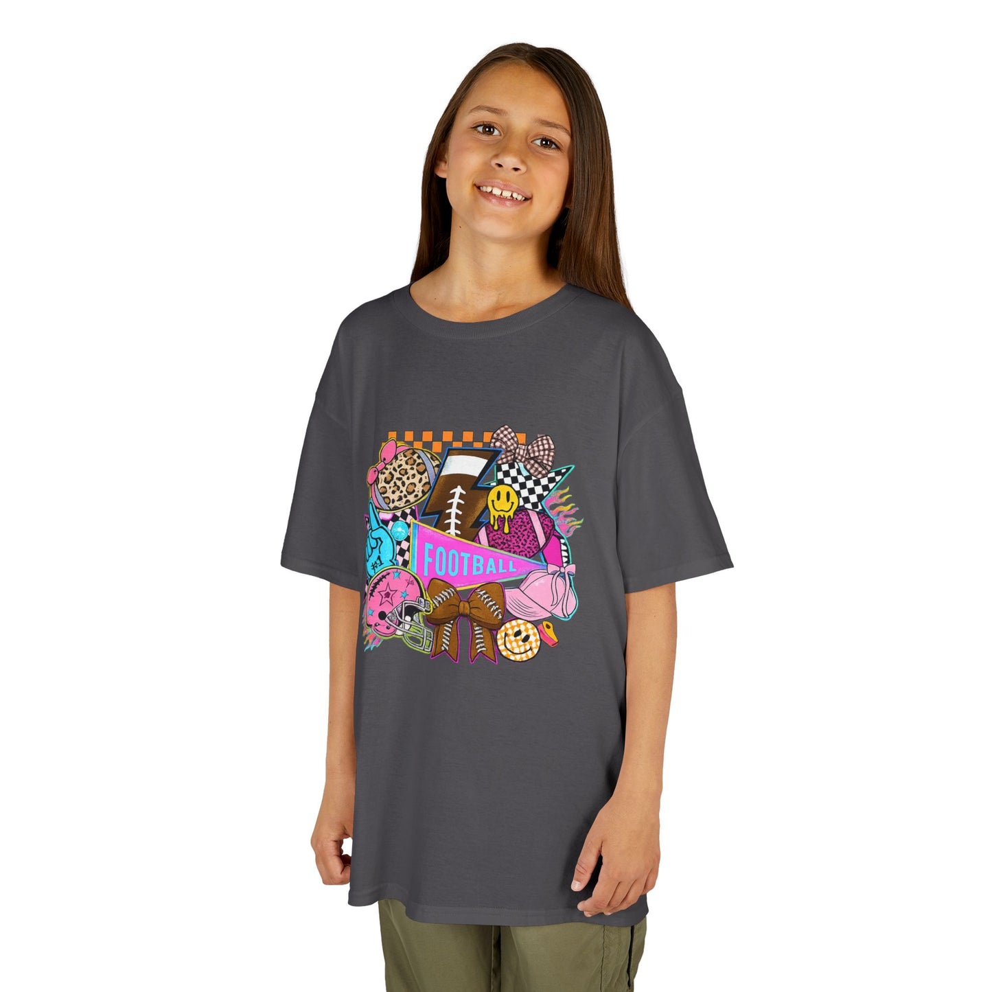 Kids Football Graphic Tee — Colorful Sticker-Style Sports Design