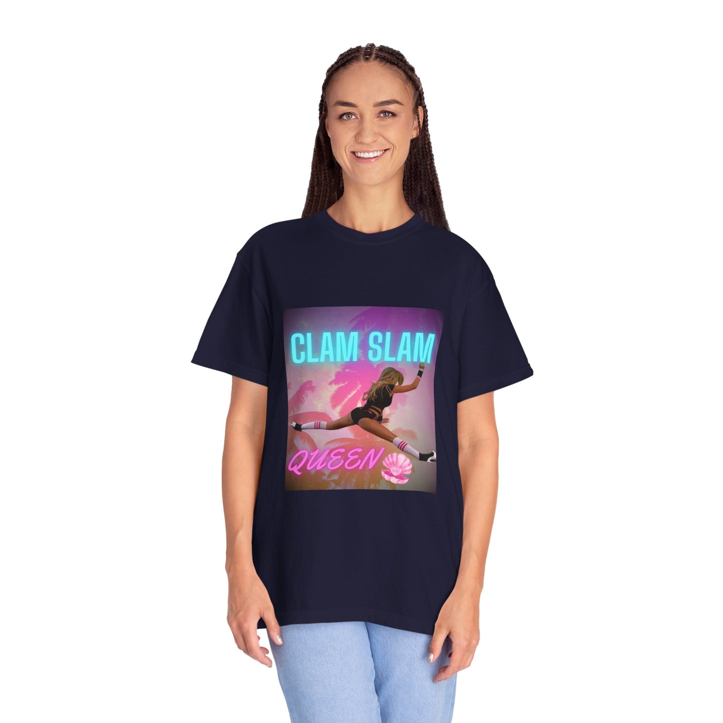 Clam Slam Queen T‑Shirt — Retro Neon Skategirl Graphic Tee