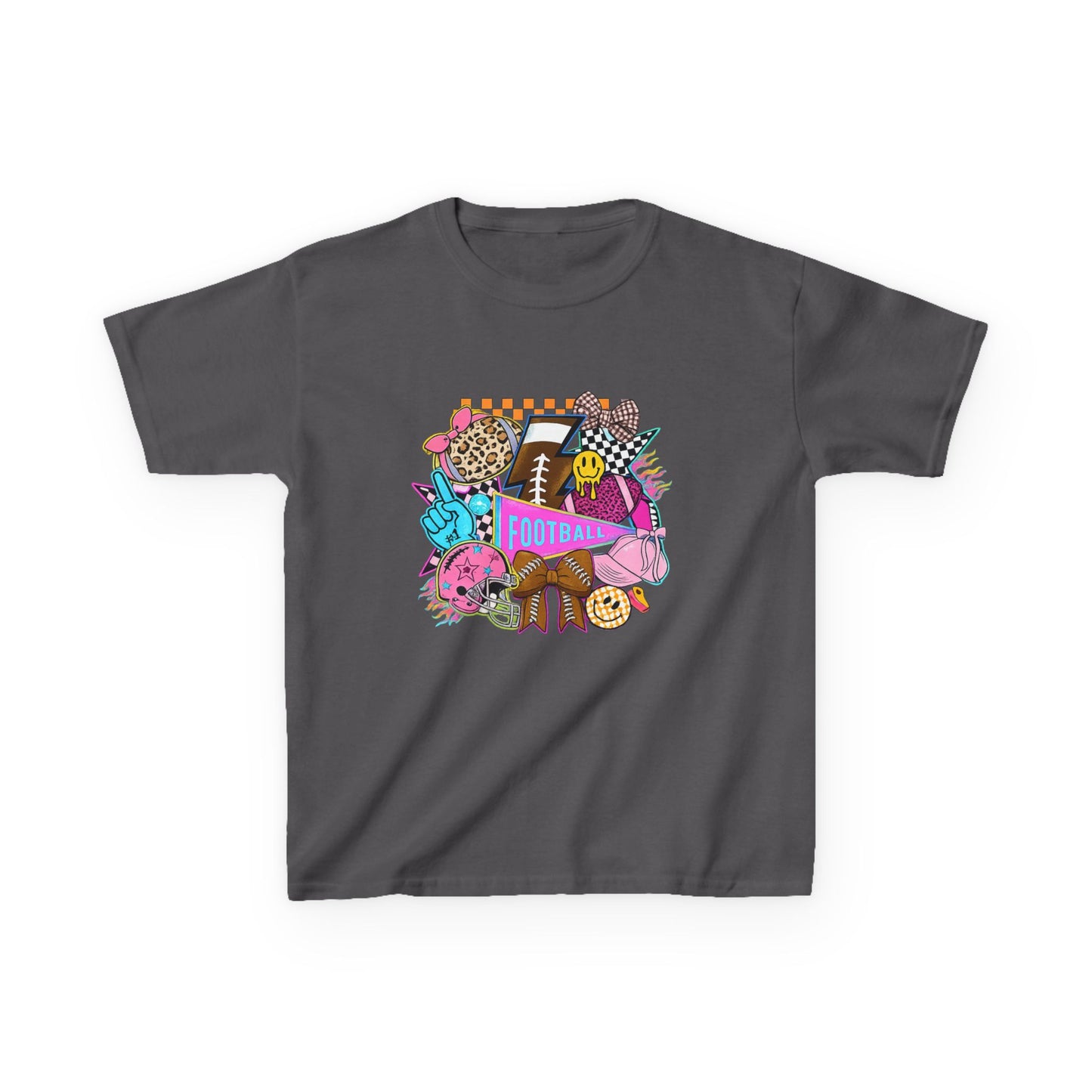Kids Football Graphic Tee — Colorful Sticker-Style Sports Design