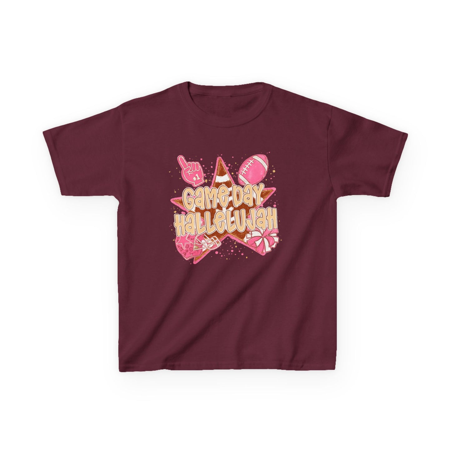 Kids Tee — "Game Day Hallelujah" Pink Football Cheer Shirt
