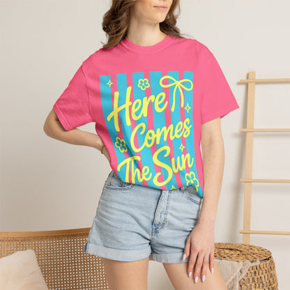 Here Comes The Sun T-shirt | Retro Stripes Floral Summer Design