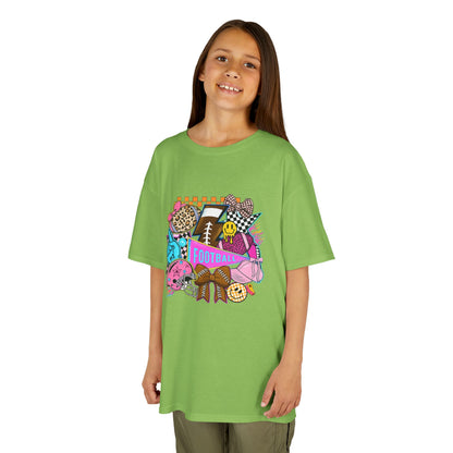 Kids Football Graphic Tee — Colorful Sticker-Style Sports Design