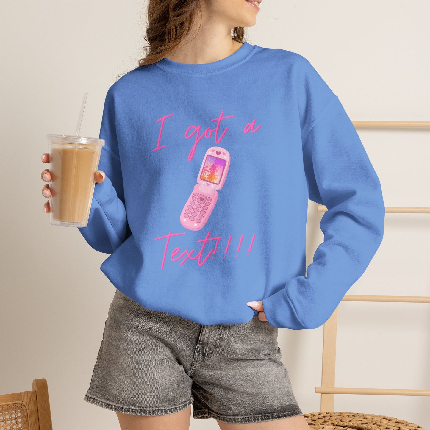 I Got a Text! Crewneck Sweatshirt — Retro Pink Flip Phone Graphic
