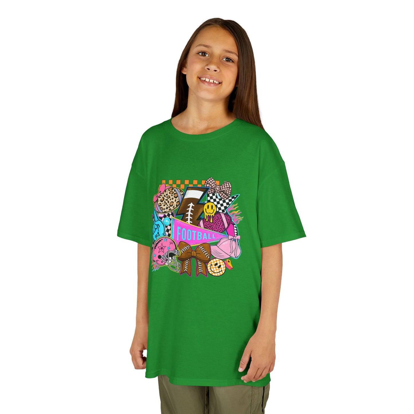 Kids Football Graphic Tee — Colorful Sticker-Style Sports Design