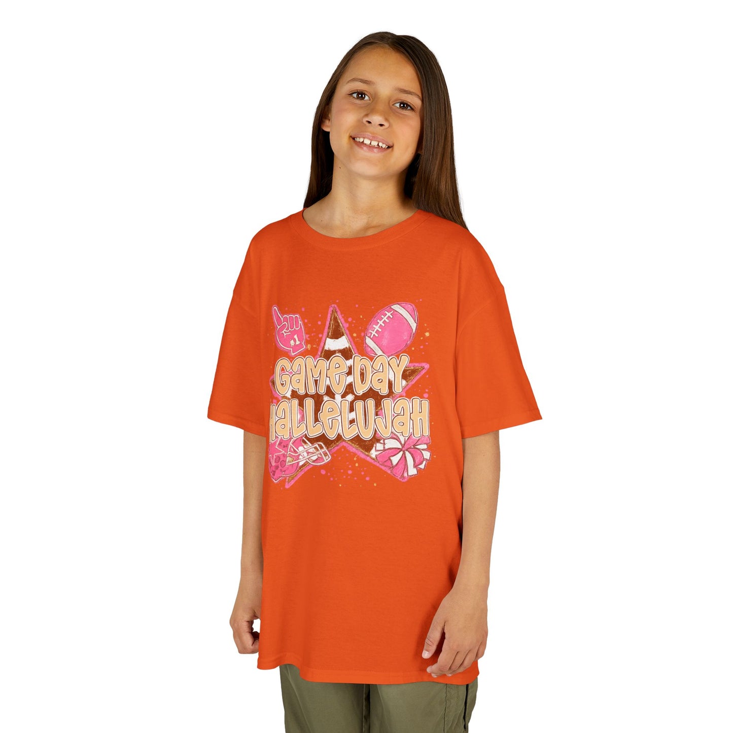 Kids Tee — "Game Day Hallelujah" Pink Football Cheer Shirt