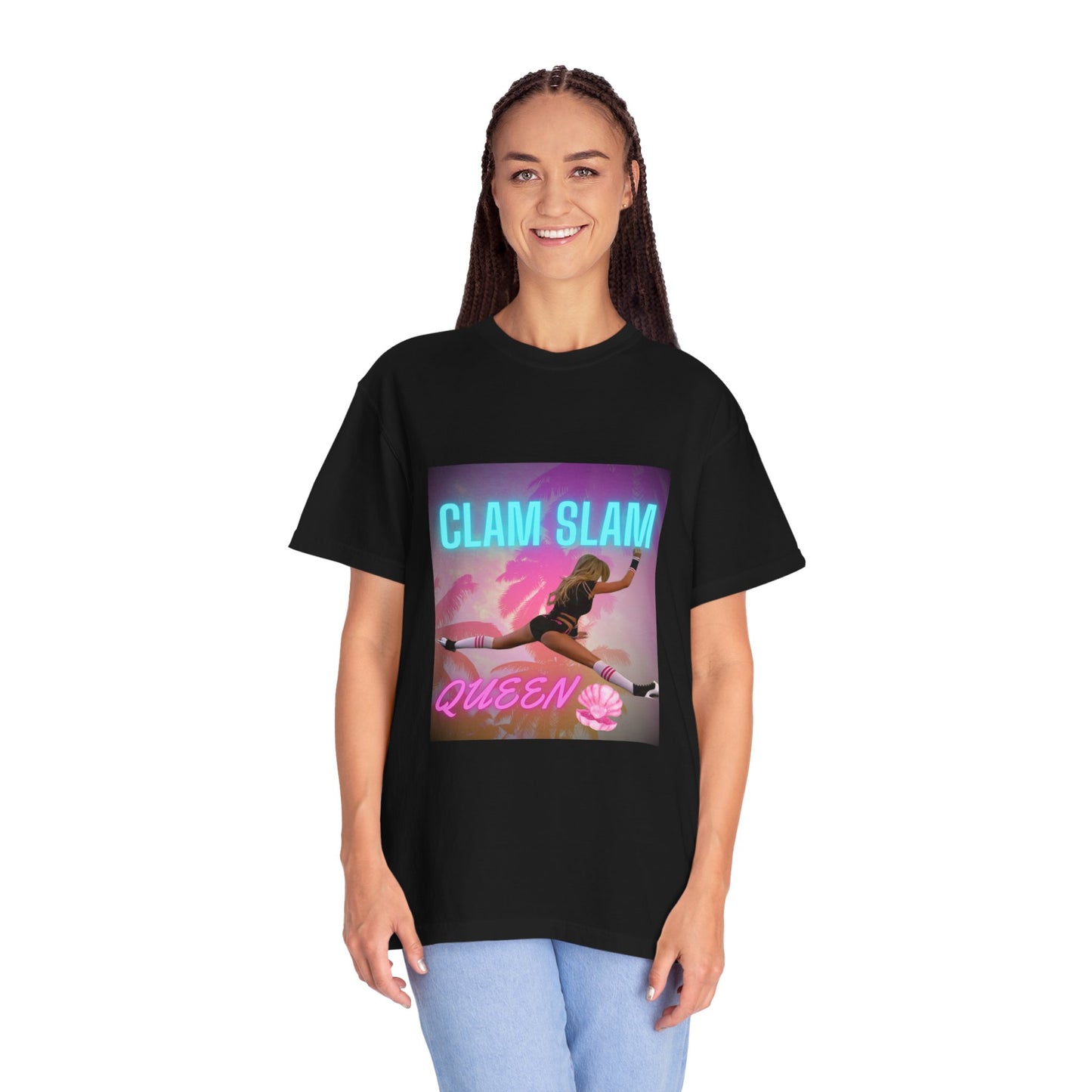 Clam Slam Queen T‑Shirt — Retro Neon Skategirl Graphic Tee