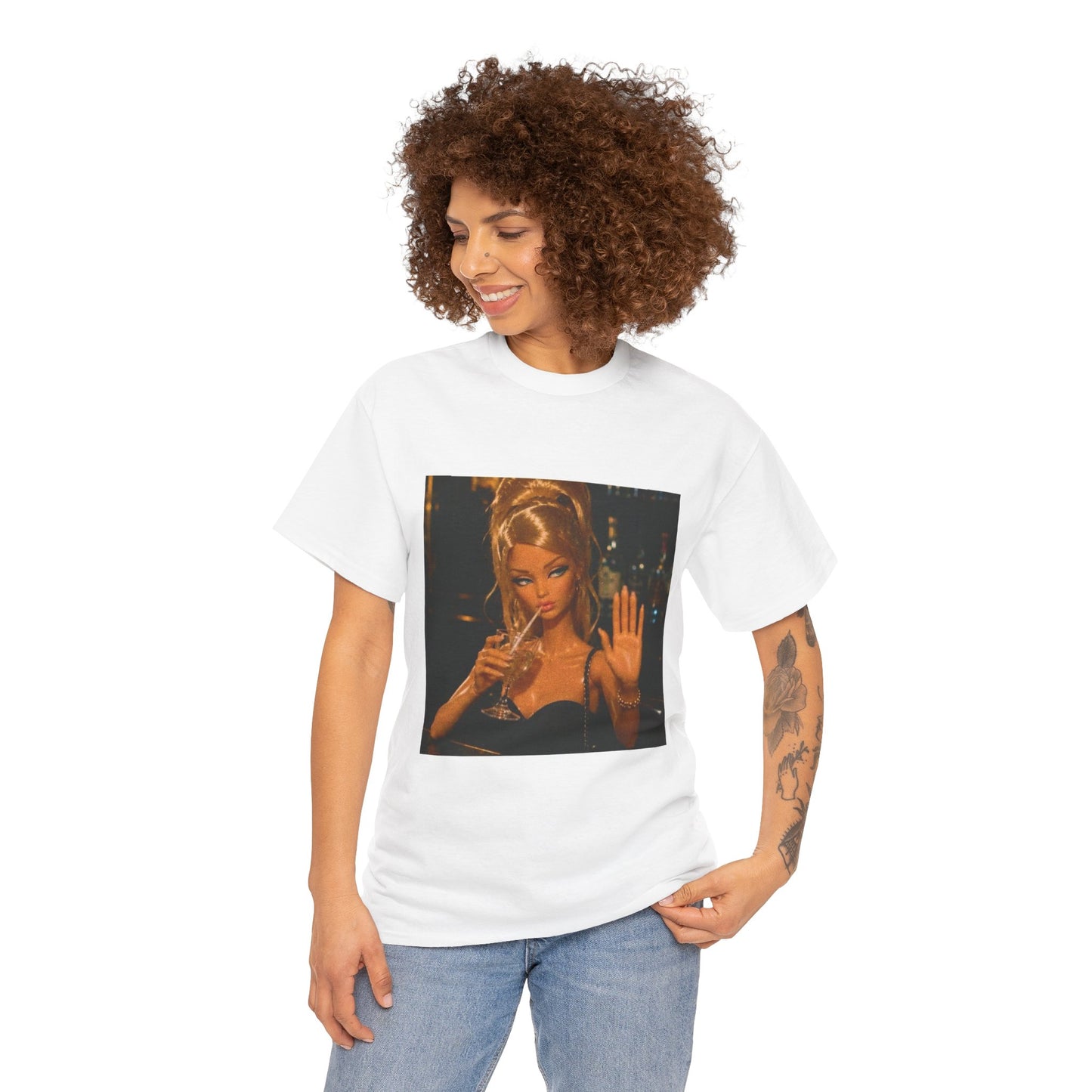 Doll Holding Drink Graphic Tee | Retro Bar Doll Illustration