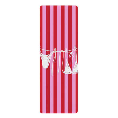 Striped Lingerie Line Rubber Yoga Mat — Pink & Red Stripes with Hanging Bras Design