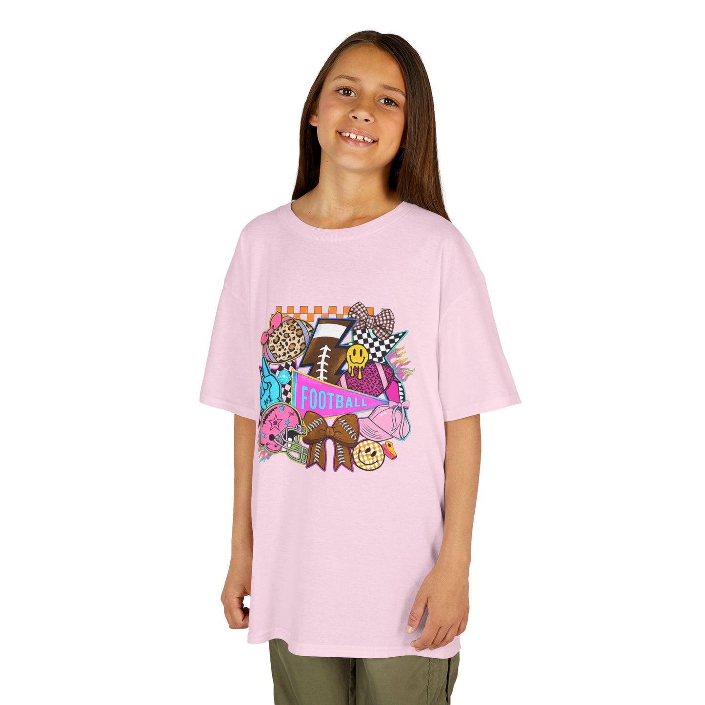 Kids Football Graphic Tee — Colorful Sticker-Style Sports Design