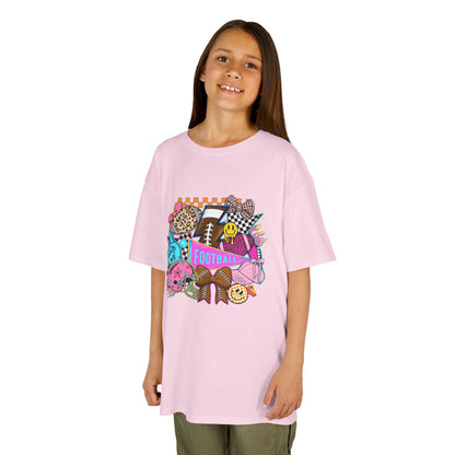 Kids Football Graphic Tee — Colorful Sticker-Style Sports Design