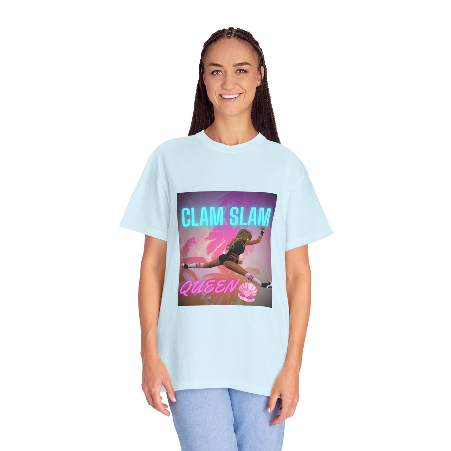 Clam Slam Queen T‑Shirt — Retro Neon Skategirl Graphic Tee