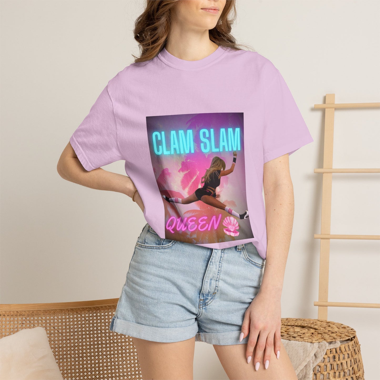 Clam Slam Queen T‑Shirt — Retro Neon Skategirl Graphic Tee