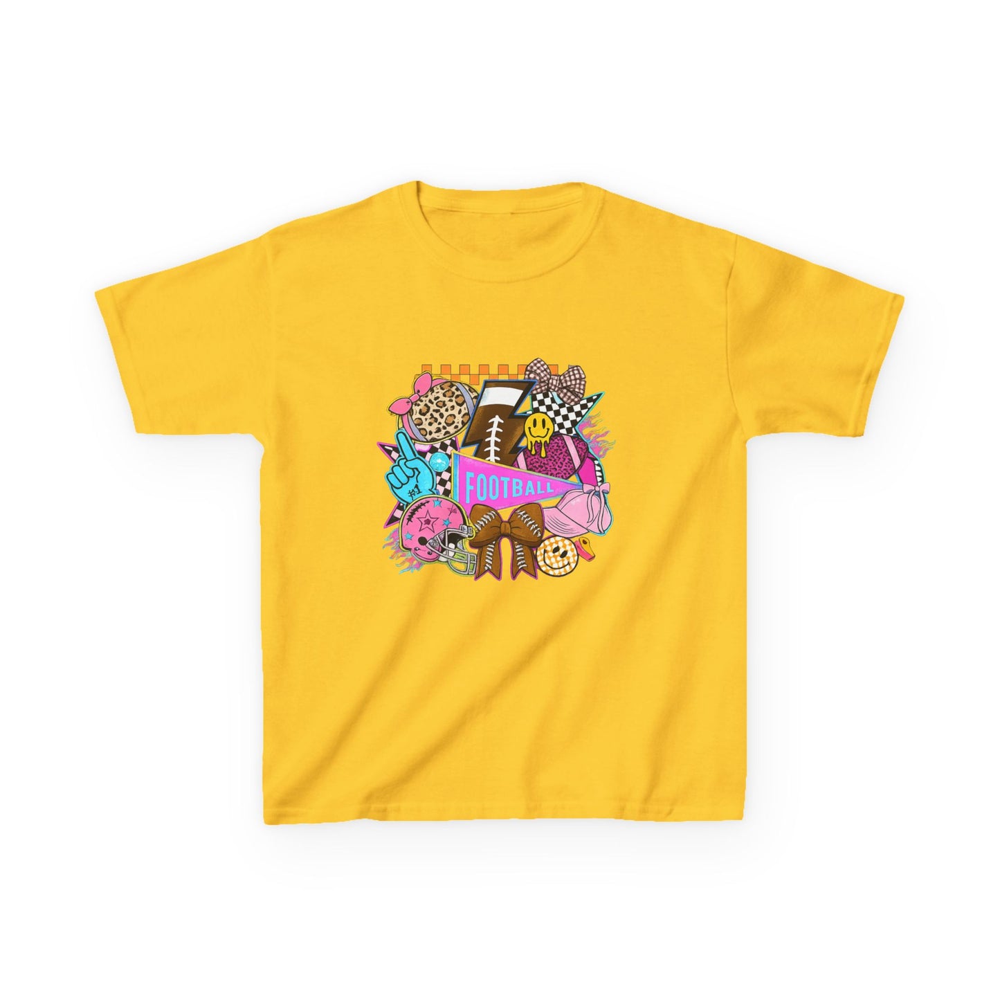 Kids Football Graphic Tee — Colorful Sticker-Style Sports Design