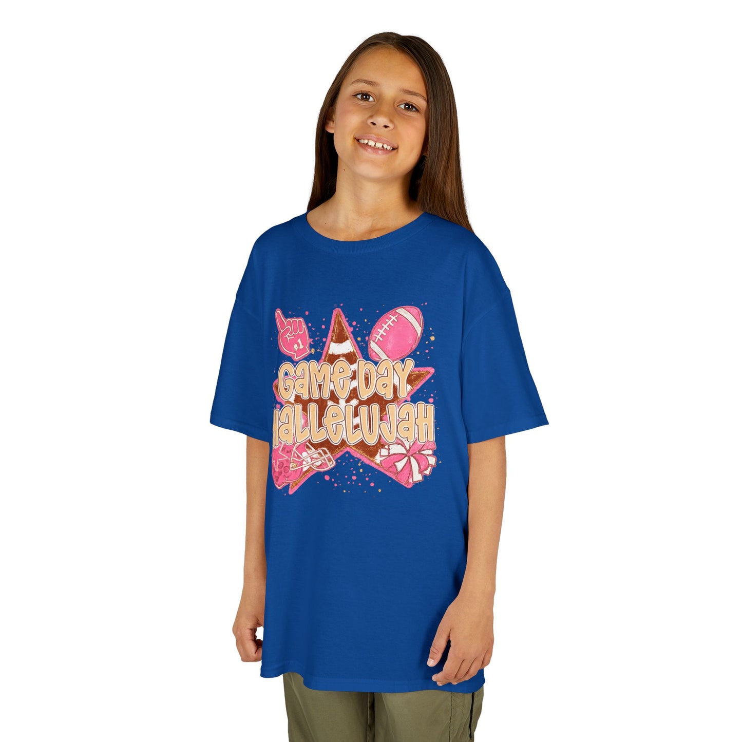 Kids Tee — "Game Day Hallelujah" Pink Football Cheer Shirt