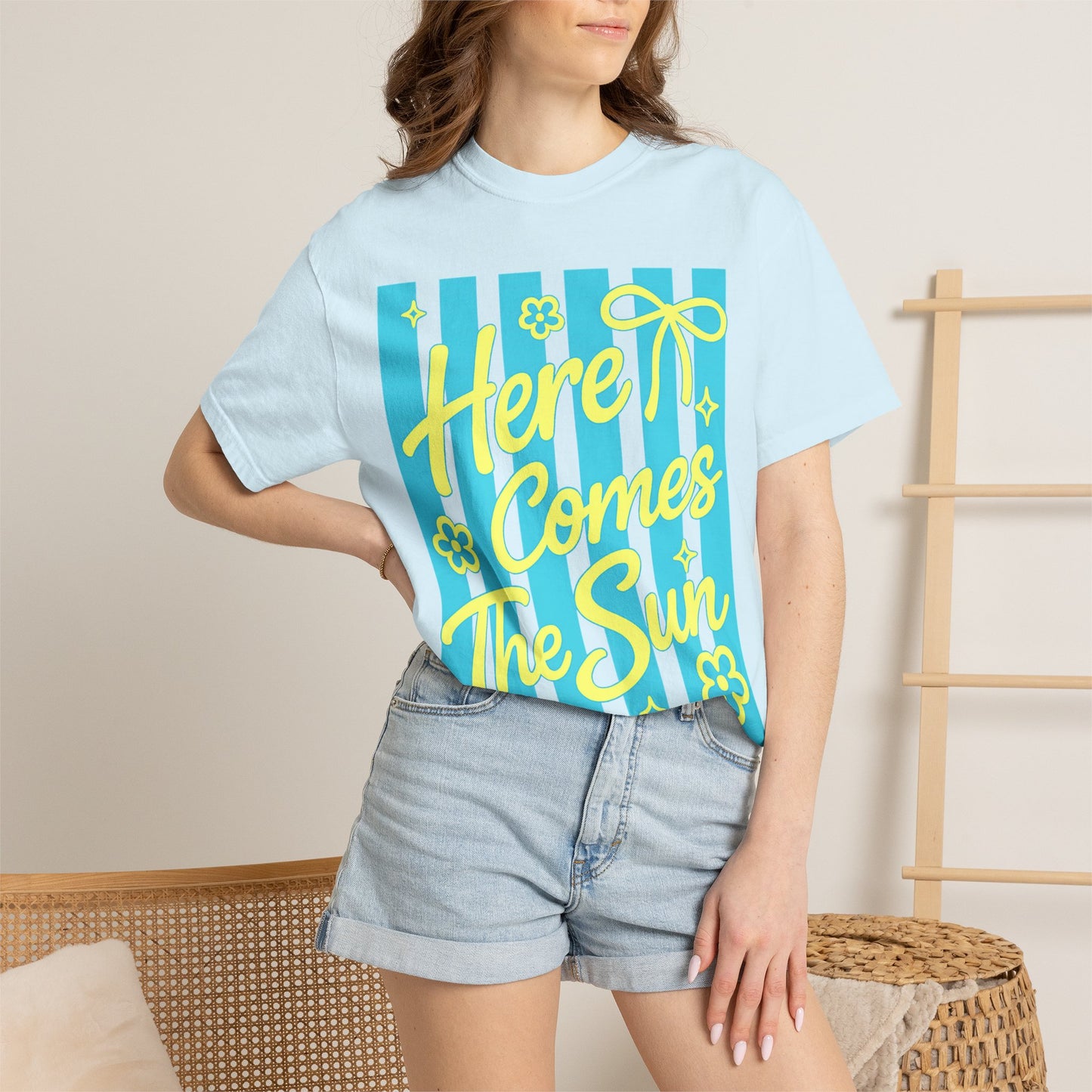 Here Comes The Sun T-shirt | Retro Stripes Floral Summer Design