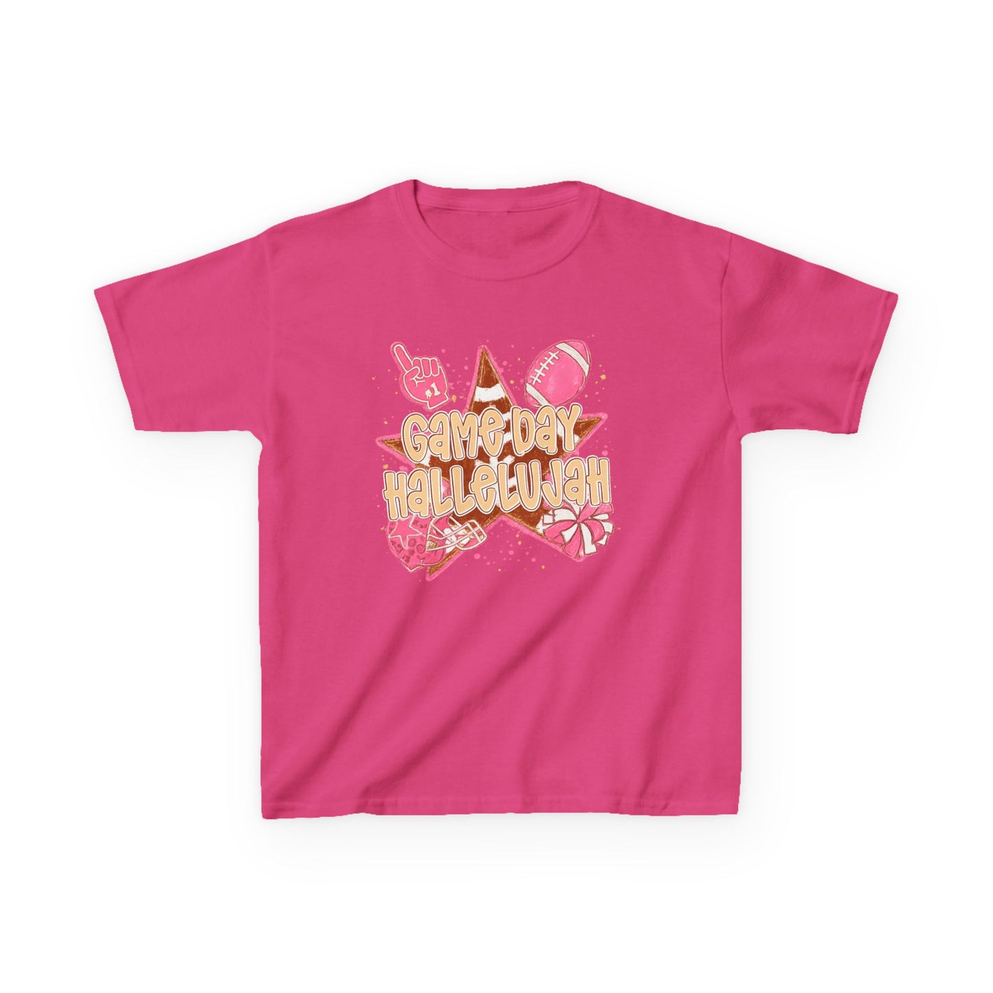 Kids Tee — "Game Day Hallelujah" Pink Football Cheer Shirt
