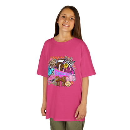 Kids Football Graphic Tee — Colorful Sticker-Style Sports Design