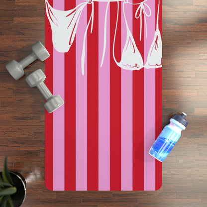 Striped Lingerie Line Rubber Yoga Mat — Pink & Red Stripes with Hanging Bras Design